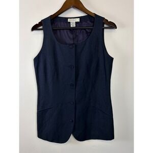 Vintage Ann Taylor Vest 10 Navy Blue Linen Button Front Longline Tailored Preppy